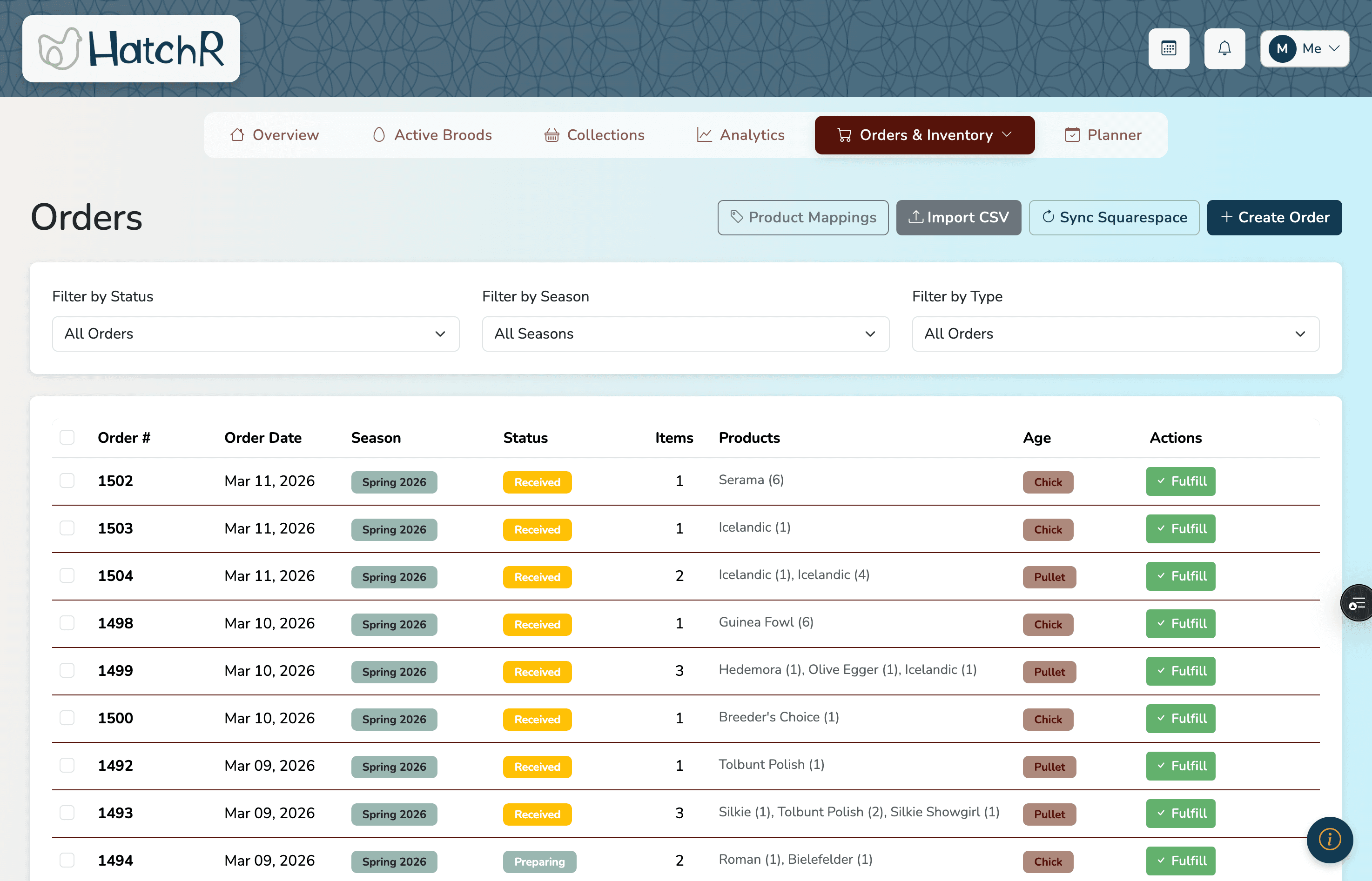 HatchR orders page showing order list with status badges and ship dates